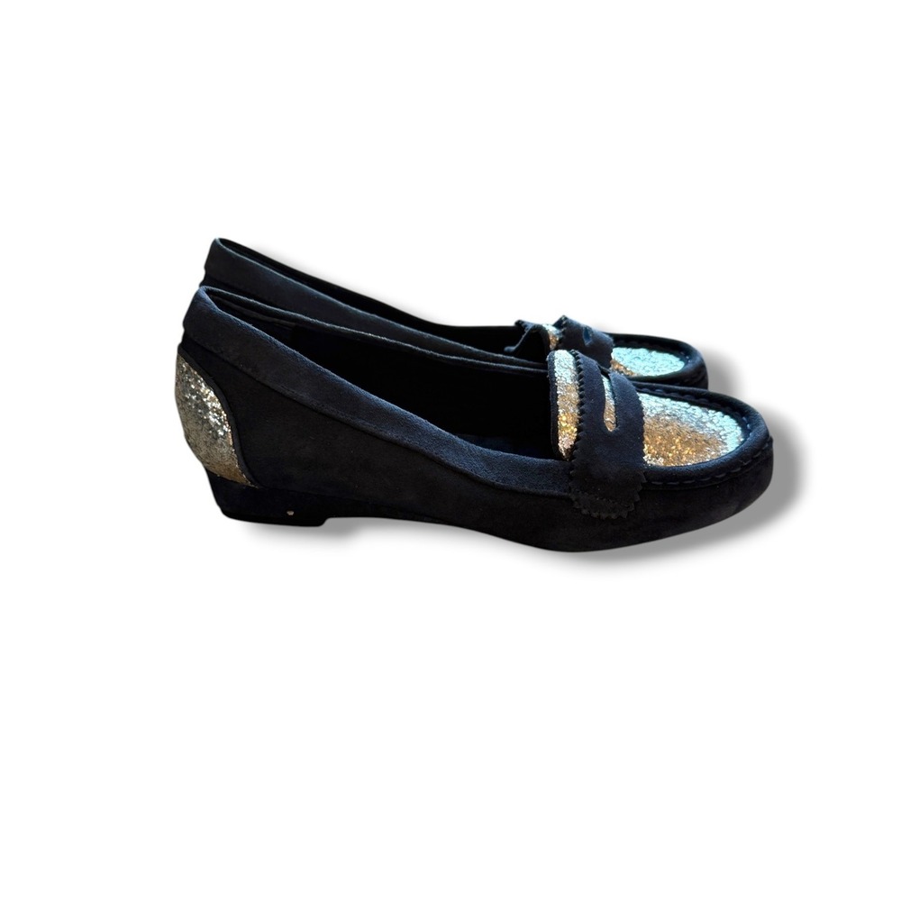 Joan Boyce Loafers Womens 8.5 Navy Suede Silver Glitter Penny Flats 191670